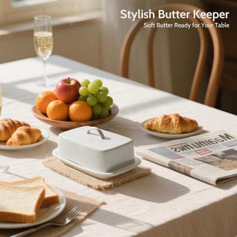 Sweese Large Butter Dish with Lid for Countertop, 8oz Porcelain Butter Keeper with Handle Cover Design, White