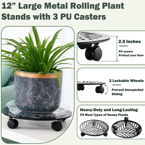 2 Packs 12" Large Metal Plant Caddy with PU Wheels Heavy-Duty Wrought Iron Rolling Plant Stands Indoor Outdoor Wheeled