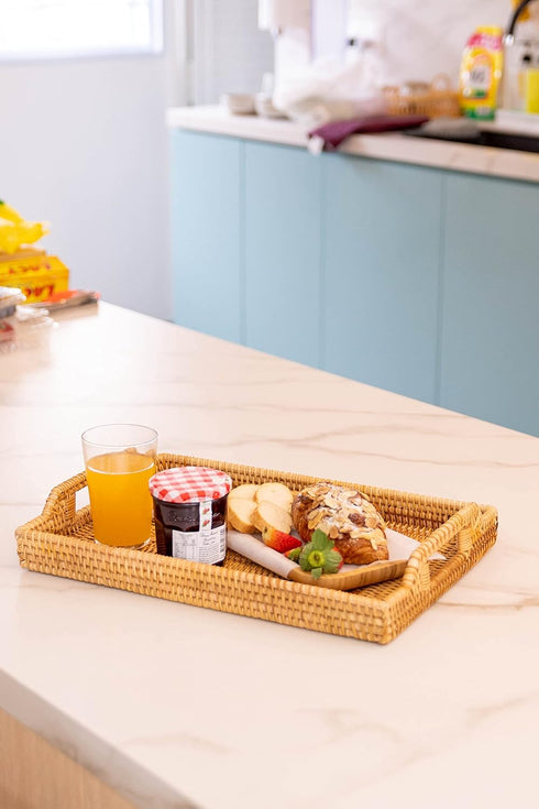 14.5" Small Hand-Woven Rattan Serving Tray with Handles Rectangular Snack Tray for Coffee Table, Fruit, Drinks, Decor