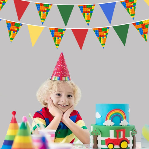 32Ft Building Block Party Decorations Red Blue Yellow Green Colorful Building Block Triangle Flag Pennant Bunting