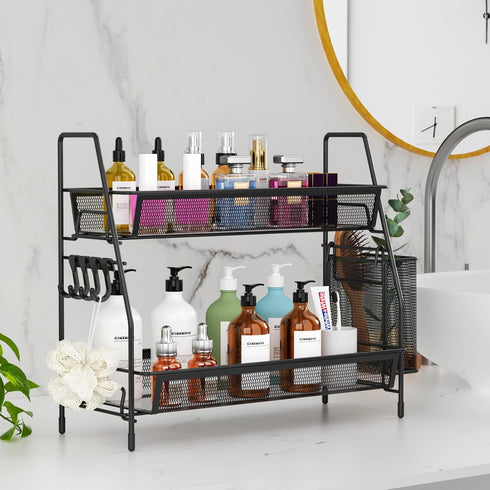 VITVITI 2-Tier Bathroom Organizer Countertop, Metal Wire Mesh Bathroom Counter Organizer Storage with Basket Hooks, Vanity Tray Shelf, Kitchen Spice Rack, Black by VITVITI