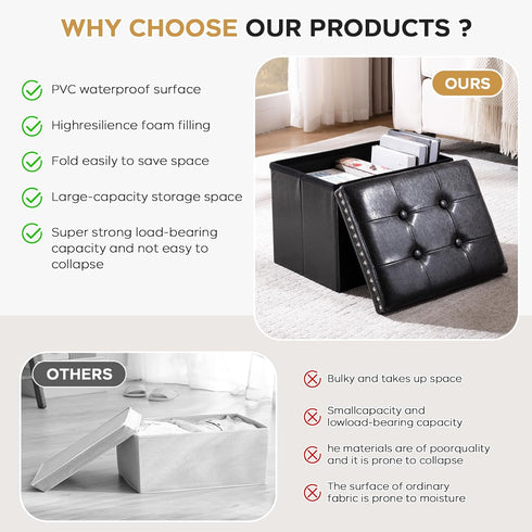 16x12x12 oakvivo Small Storage Ottoman Foot Rest Stool, in Foldable Leather Footstool Storage Bench with Rivet Design