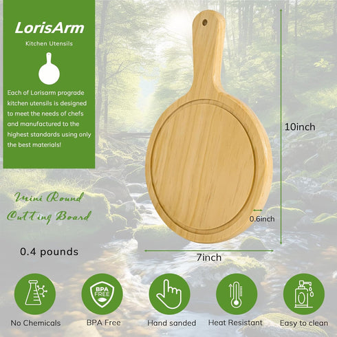 7" Mini Pine Wood Cutting Board with Handle, Small Wooden Round Serving Board for Pizza, Bread, Fruit