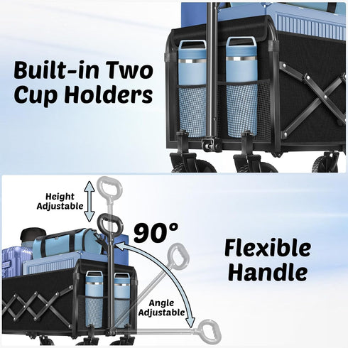 280 Lbs Wagons Carts Foldable, with Adjustable Handle, Black Lightweight Portable, Collapsible Wagon for Beach Trip
