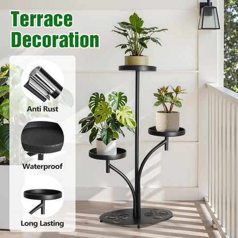 3 Indoor Tier Black Plant Stand, Tall Metal Plant Stand, Heavy-duty Base in the Shape of a Four-leaf Clover, Layered