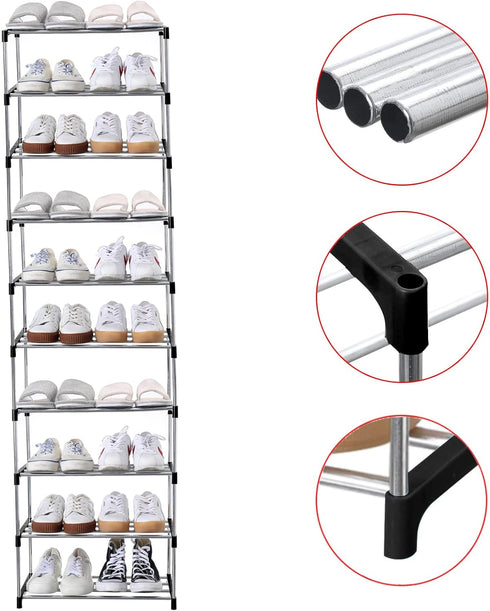 Stackable Small Shoe Rack, Entryway, Hallway and Closet Space Saving Storage and Organization (10-Tier, Black)