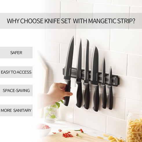 Kitchen Knife Set with No Drilling Magnetic Strip, Knives Set for Kitchen Black Cooking Knives, Sharp Stainless Steel Chef Knife Set for Cutting Meat & Vegetable, Small Knife Set by Gourmetop