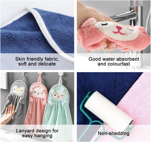FHDUSRYO 6Pcs Set Cute Animals Hand Towels for Kitchen, Absorbent Soft Coral Velvet Hand Dry Towel with Hanging Loop