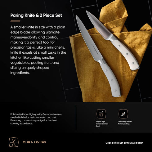 2-Piece Professional Kitchen Knife Set Ultra Sharp, Precision Forged High Carbon German Stainless Steel, 5" Utility & 3.5" Paring Knives, Ergonomic Handle, Multipurpose, Cream by DURA LIVING