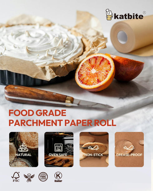 Katbite Unbleached Parchment Paper Roll, 15in x 242ft, Non-Stick with Serrated Cutter for Baking
