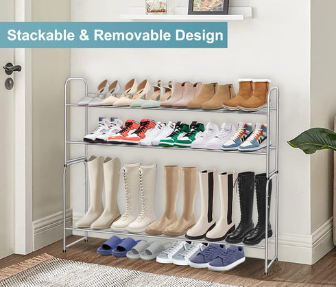 2 Closet 18-Pairs AOODA Tier Long Metal Shoe Rack for Wide Stackable Shoe Storage Organizer Low Small Sneaker Rack