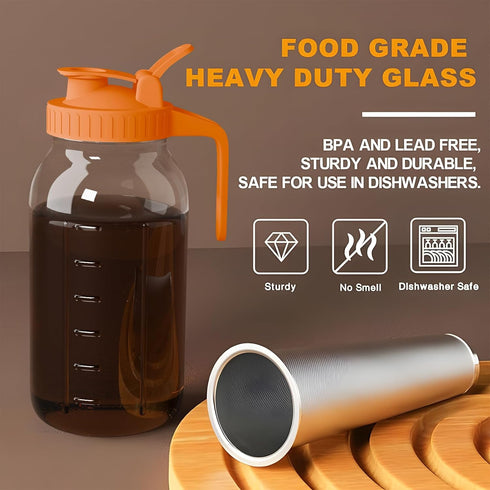Cold Brew Coffee Maker Jar, 64oz Thick Glass Mason Pitcher with Spout Lid & Stainless Steel Filter for Iced Drinks