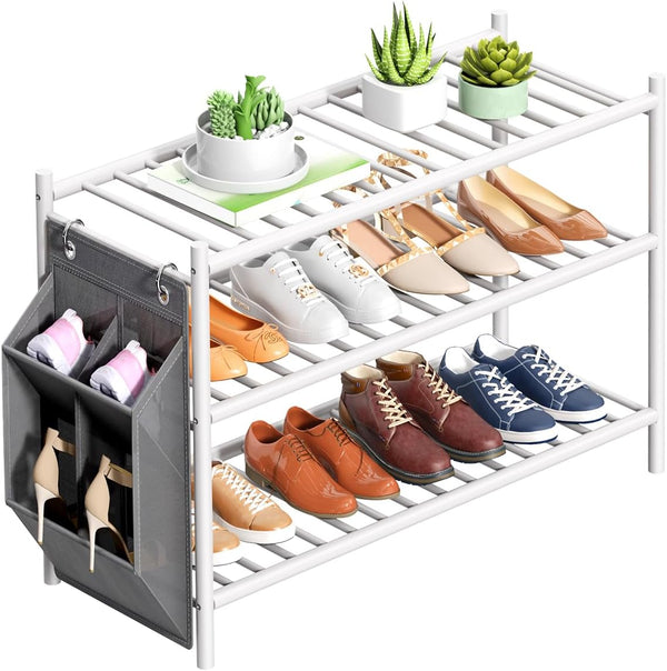 woxlemen Bamboo Shoe Rack for Closet Small Wooden Shoe Organizer with Pouch, Sturdy