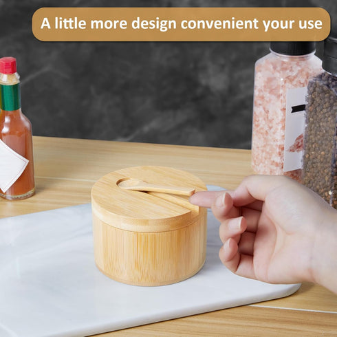 OUTNILI 360 7 Salt Box Bowl with Lid and Spoon - Bamboo Salt Cellar with Swivel Lid - Salt Container Holder for Sea