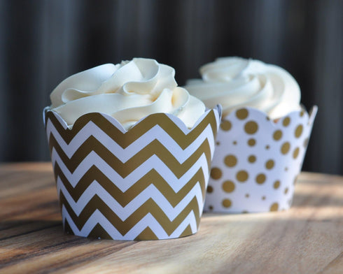Set of 24 Gold and White Cupcake Wrappers - Reversible Cup Cake Holder Wraps with Dots, Chevrons for Parties