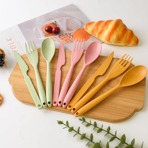 Large Flatware Sets, Plastic Serving Utensils for 8, Vibrant Colors, Reusable Camping Dish Set with Fork, Spoon, Knife