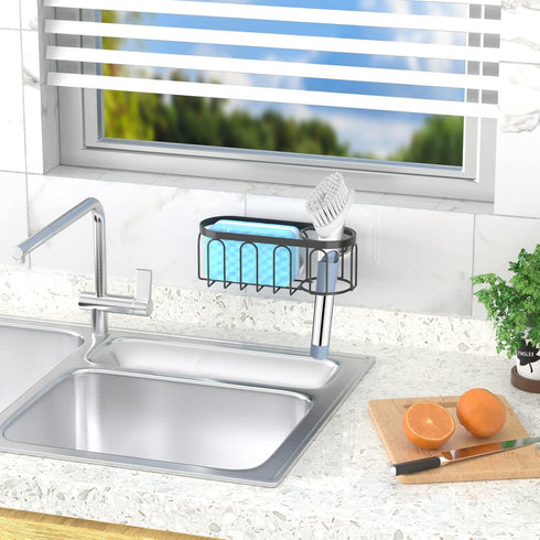 Yazoni 2-in-1 Sponge Holder for Kitchen Sink, Suction Cup Rack, Rustproof Organizer for Dishwashing Brush & Soap (Black)