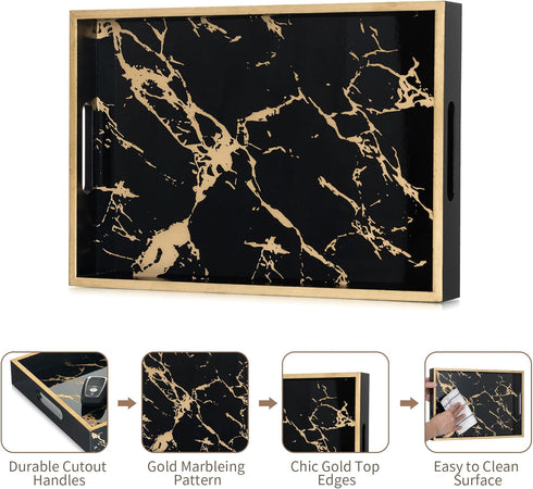 Counter Hanobe Decorative Serving Tray Black: Imitation Marble Coffee Table Tray Decor with Handle Gold for Bar Ottoman