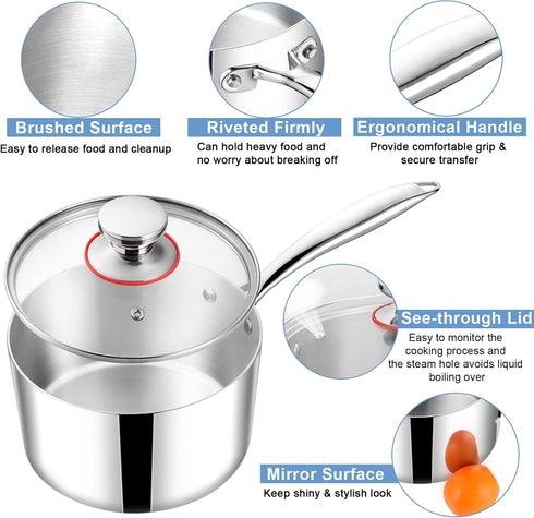 TeamFar 1qt Stainless Steel Saucepan with Lid, Tri-ply Small Cooking Pot, Ergonomic Handle, Dishwasher Safe