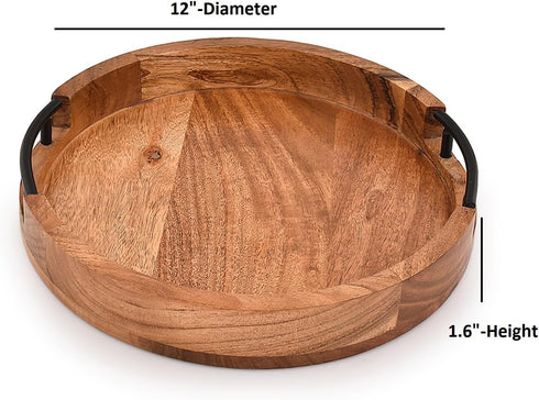 Mahasu Counter (12" 12" 1.6") Tray Acacia Wood Round Serving Tray with Iron Handles for Coffee Table Decor Centerpiece