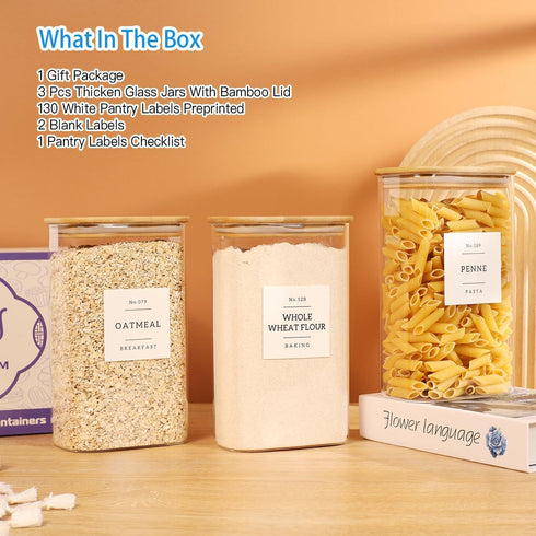 3 Pack 132 51 floz Square Glass Pantry Storage Containers with Kitchen Food Pantry Labels - Clear Glass Pantry Jars