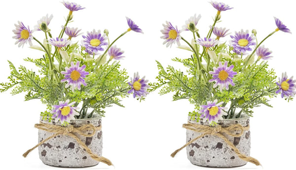 Daisy Artificial Flowers in Cement Vases 2Pcs,Daisies Faux Flowers Farmhouse Home Coffee