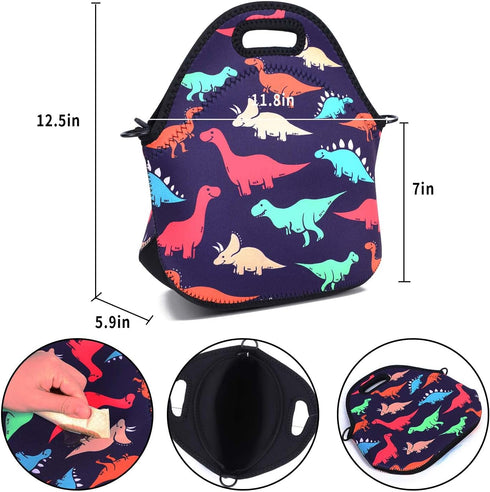 Violet Mist Neoprene Lunch Bag | Reusable Insulated Box with Adjustable Shoulder Strap for Men and Women, Dinosaur 2