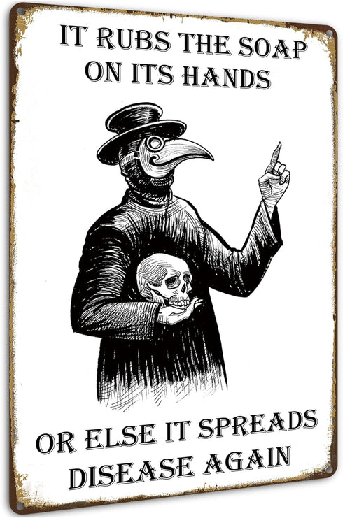 HIDEGRASS Wash Your Hand Plague Doctor Gothic Decor Wall Art Tin Sign for Bathroom or Bedroom 8 X 12 Inch