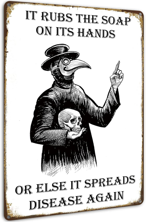 HIDEGRASS Wash Your Hand Plague Doctor Gothic Decor Wall Art Tin Sign for Bathroom or Bedroom 8 X 12 Inch