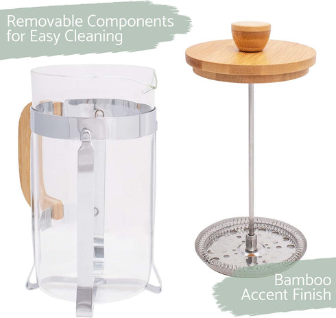 Elanze Designs Natural Woodgrain 600 mL Glass Chrome Plated Bamboo Wood French Press Coffee and Loose Leaf Tea Maker by Elanze Designs