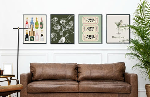 ULEGIE Set 4, 12x16 Inch ULEGI Bar Cart Wall Decor, Trendy Retro Champagne Cocktail Cheers Wall Art Decor of Bar