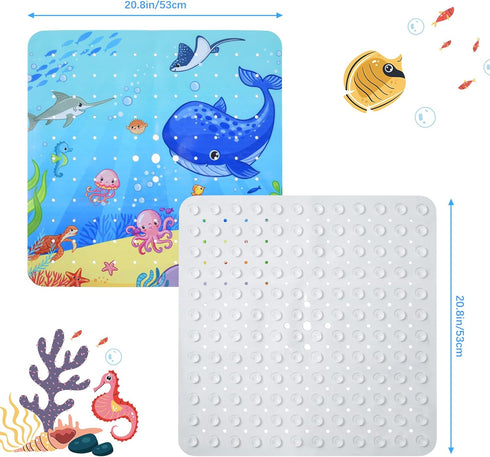 21x21 inch OTraki Baby Bath Mat for Tub Non Slip Cartoon Kids Bathtub Mat Ocean Pattern Kids Shower Mat Anti Slip