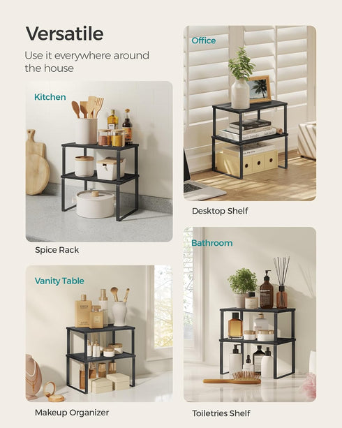 SONGMICS Cabinet Organizer Shelf, Set of 2 Kitchen Counter Shelves, Stackable Expandable Spice Rack, Metal and