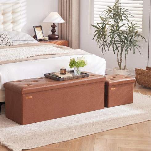 HAUSFRAU Storage Ottoman Foot Rest Stool, Small Folding Ottoman with Storage, Tufted Square Cube Footrest, Faux Leather