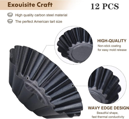 Egg Tart Molds, 12 PCS Non-Stick Mini Tart Pans, 3 Inch Top, 1.7 Inch Bottom, Carbon Steel Baking Tools