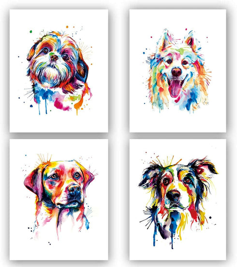 Lovely Dog Canvas Wall Art - Colorful Border Collie Pet Painting, Set of 4 (8”X10”, No Frame)