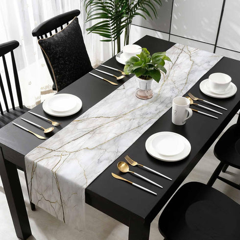Marble Table Runner, Long 72 Inch Cotton Linen White Gray Gold Texture Scarves for Kitchen, Dining, Sofa, Home Decor