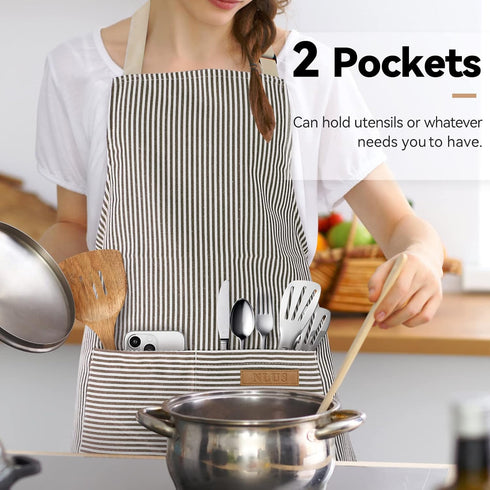 NLUS 2 Pack Cooking Aprons for Women with Pockets, Adjustable Kitchen Bib Aprons Chef Aprons for Women Men(Brown Pinstripes)