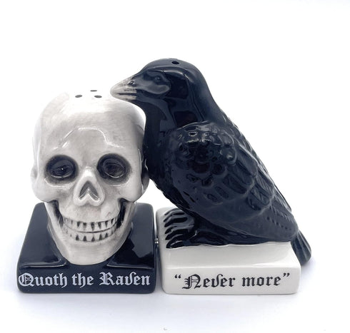 Rustix Quoth The Raven Ceramic Gothic Halloween Decor, Cute Skull Horror Salt and Pepper Shaker Set for Kitchen