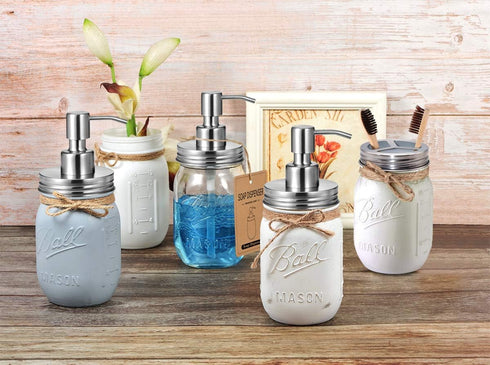Mason Jar Bathroom Accessories Lids Set (4pcs) - Jars Not Included - Soap Dispenser, Toothbrush Holder, Apothecary Lids