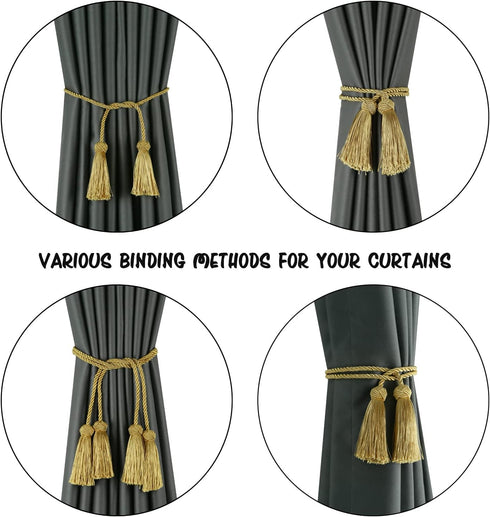 BEL AVENIR 4 Pack Handmade Curtain Tiebacks with Tassel, Decorative Curtain Holdbacks (Gold, 4 Pack)