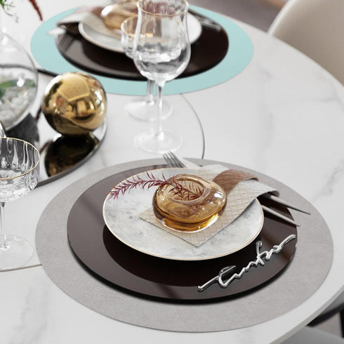 Set 6) Round Placemats Dual Sided, Faux Leather Place Mats Non-Slip Heat Stain Resistant Outdoor Table Mats Indoor