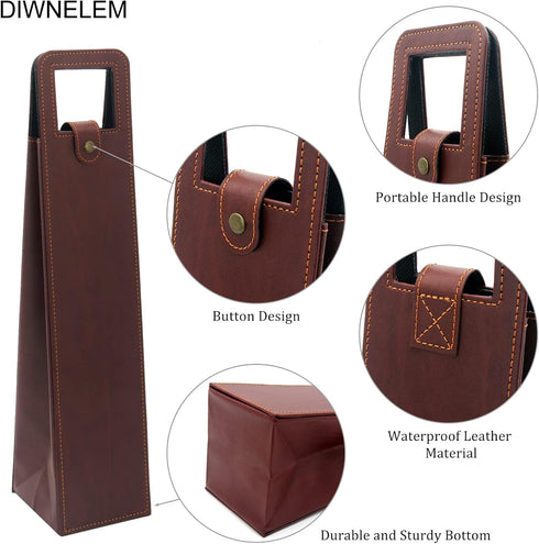 DIWNELEM 2 Pack Leather Wine Tote Bags - Wine Gift Carrier for Champagne, Beer, Tasting Party, Brown