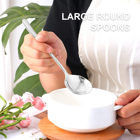 4-Piece Round Stainless Steel Bouillon Spoons, Heavy-Weight Round Deep Bowl Spoon Set for Soup, Milk, Dishwasher Safe