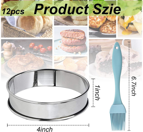 12 Pack 4 Inch Metal English Muffin Rings Double Rolled Nonstick Pastry Ring Mold Stainless Steel Muffin Tart Rings Round Muffin Crumpet Rings with Silicone Brush for Kitchen Baking