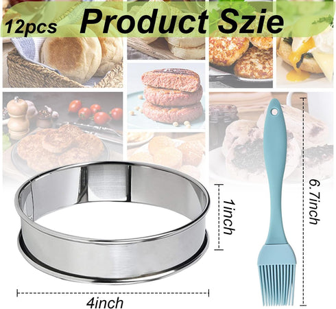12 Pack 4 Inch Metal English Muffin Rings Double Rolled Nonstick Pastry Ring Mold Stainless Steel Muffin Tart Rings Round Muffin Crumpet Rings with Silicone Brush for Kitchen Baking