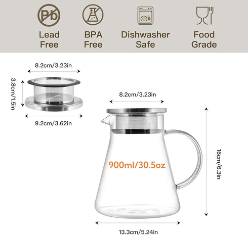 30.5oz/900ml CNGLASS Glass Teapot Stovetop Safe,One-Touch Clear Tea Kettle,Blooming and Loose Leaf Tea Maker