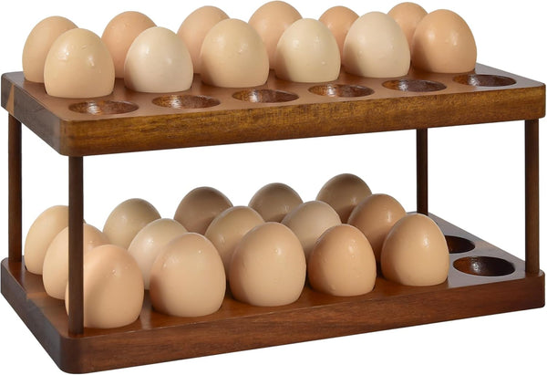 Wooden Double Layer Egg Holder - Farmhouse Kitchen Acacia Egg Tray Organizer