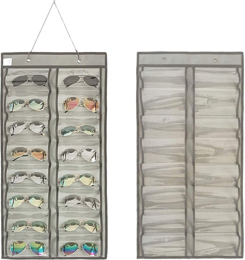 Dual-sided Hanging Sunglasses Organizer - Dust-Proof Glasses Storage Wall Pocket with 32 Slots