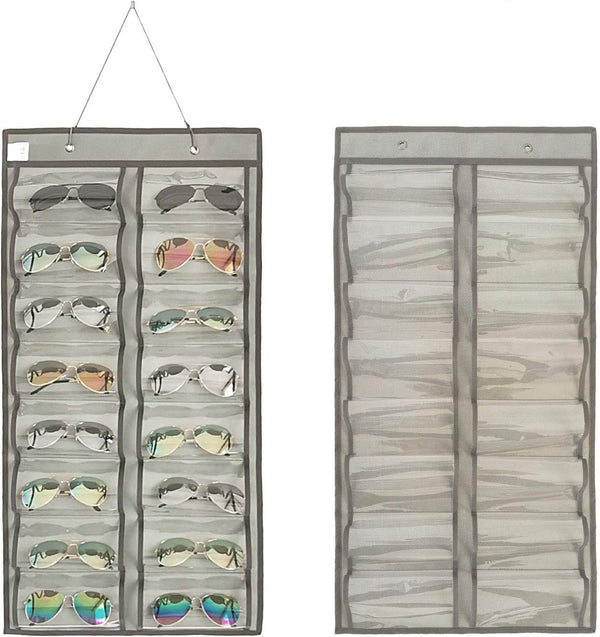 Dual-sided Hanging Sunglasses Organizer - Dust-Proof Glasses Storage Wall Pocket with 32 Slots